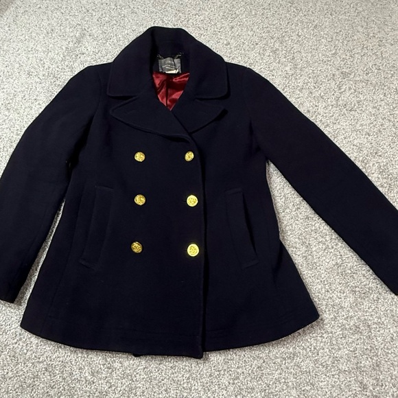 J. Crew Women's Pea Coat Dark Navy Gold Double Breasted Wool Blend Size 6 gold - Picture 2 of 7